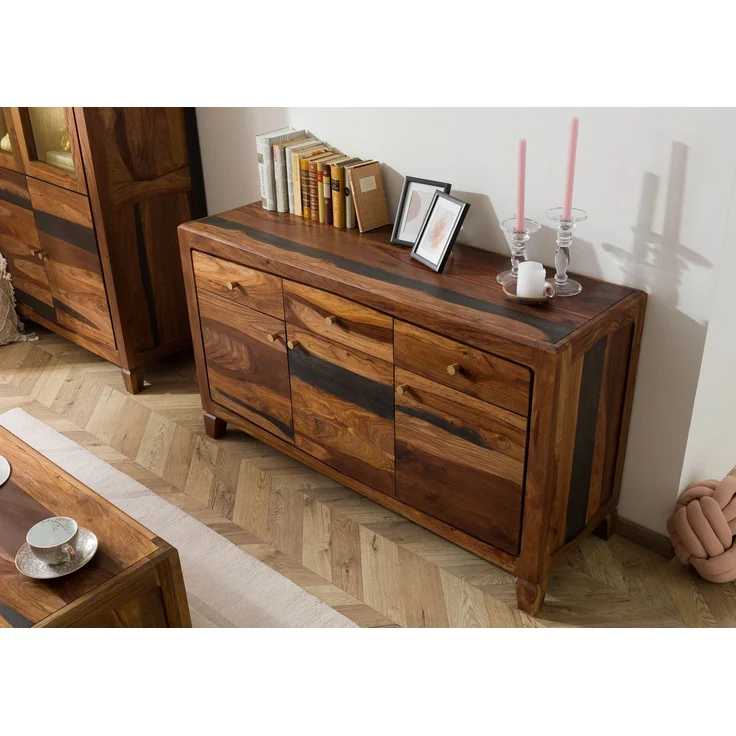 Sideboard Sheesham 140 x 45 x 80 dunkelbraun lackiert ANCONA #222 – Bild 2