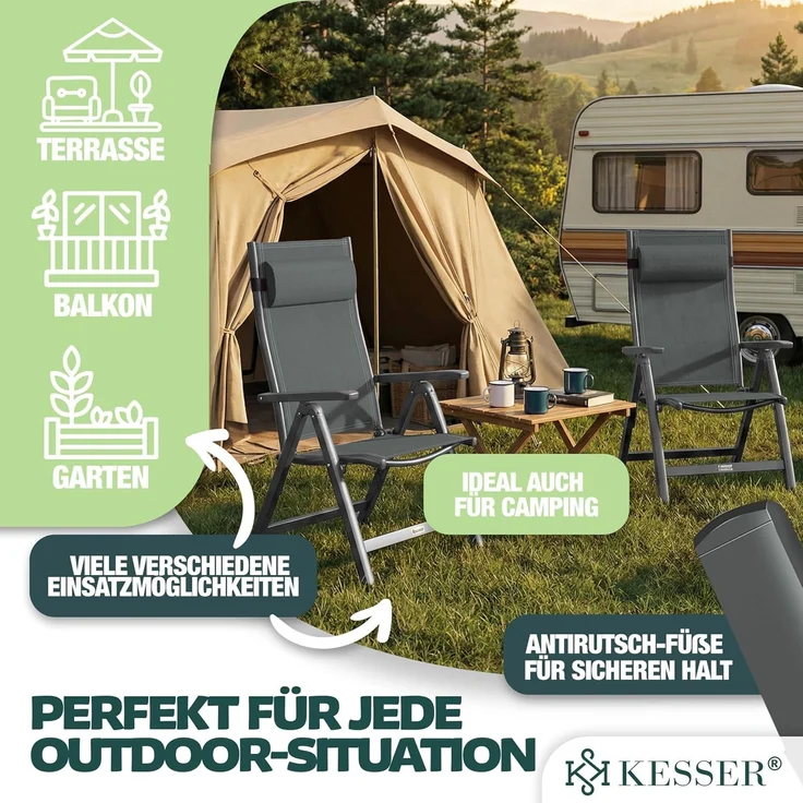 KESSER® Gartenstuhl Hochlehner mit Armlehnen | Aluminium Klappstuhl inkl. Kopfkissen Campingstuhl 7-Fach Verstellbar Rückenlehne | Atmungsaktiv & Wetterfest | Klappbar & Anti-Rutsch Anthrazit, 2 Stück – Bild 9