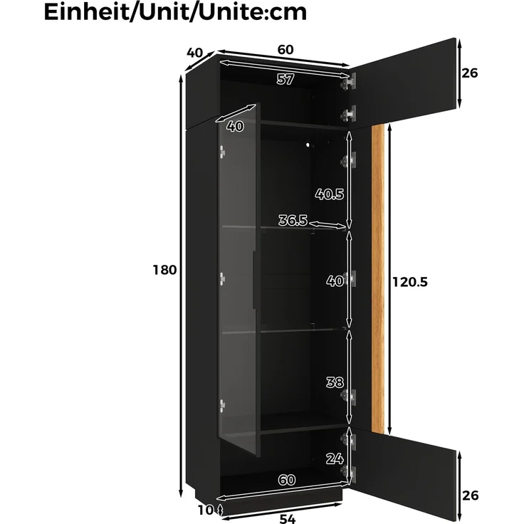 ZUBALIYA Vitrine (60 x 40 x 180 cm), LED - Beleuchtung, Glastüren, Aufbewahrung für Sammlerstücke, Geschirr und Dekoration, Schwarz – Bild 4