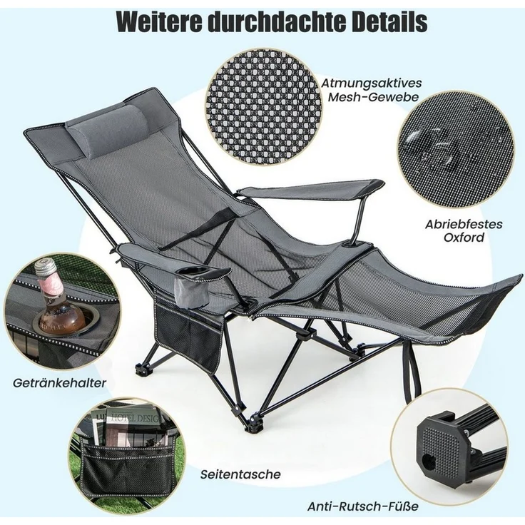 COSTWAY Campingstuhl Angelstuhl, faltbar mit Kopfstütze & Getränkehalter – Bild 2