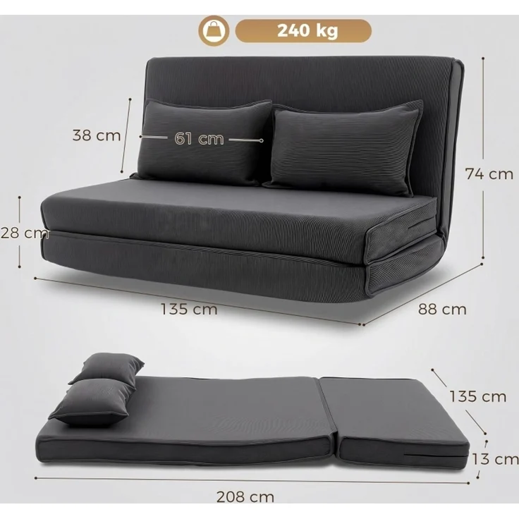 CHICFURN Bettbank 135x74x88 cm mit verstellbarer Rückenlehne und Cordbezug Dunkelgrau – Bild 9