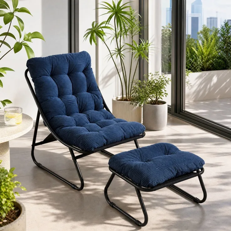 Outdoor-Loungesessel aus Stahl mit Ottomanen, 65x78x86 cm, Navyblau