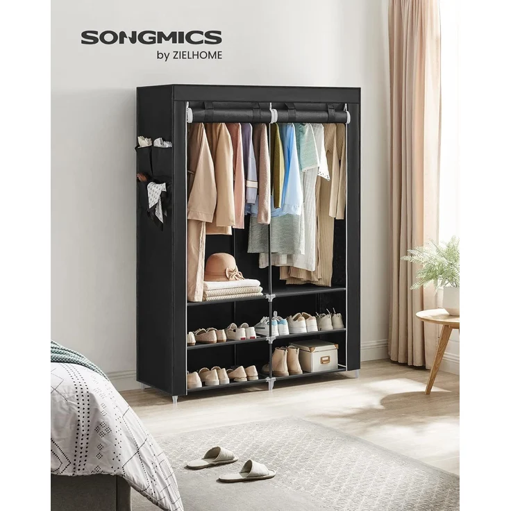 Songmics Kleiderschrank, 2 Hängefächer, mit Ablagen, 4 Seitentaschen, Stoff schwarz, 45 x 127 x 176 cm – Bild 1