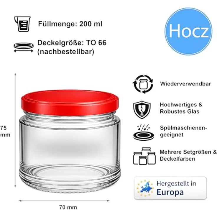 hocz 25x Marmeladengläser 200 ml | mit Deckel Rot TO 66 | Einmachgläser mit Schraubdeckel zum befüllen | Sturzgläser für Marmelade Schraubgläser | leere Gläser Set | 25 Stück – Bild 2