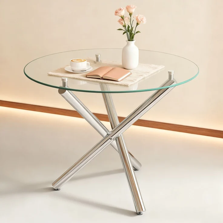 Runder Esstisch 80x80x76 cm aus Glas und Metall, silberfarben, mit stabilem Kreuzfuß – Bild 3