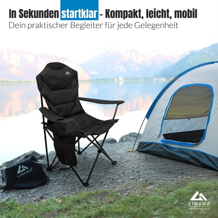 LINUMA® Luxus Faltstuhl PRO SCHWARZ Campingstuhl Anglerstuhl mit Getränkehalter & Tragetasche – Bild 7