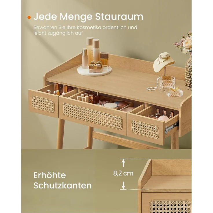 SONGMICS HOME BOHOVEN Kollektion – Schminktisch mit Spiegel, Beleuchtung, Kosmetiktisch 3 Schubladen in Rattan-Optik, Touch-Steuerung, 3 Lichtfarben, dimmbar, Boho-Stil, Schlafzimmer, eichenbeige – Bild 4
