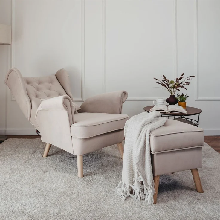 Sessel Ohrensessel ALISON inkl. Hocker in Stoff Trinity Beige – Bild 4