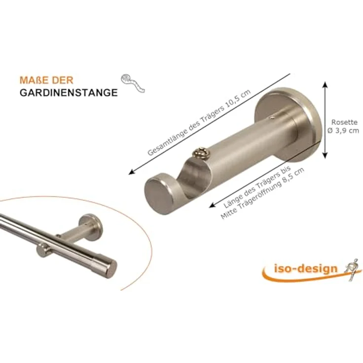 iso-design Gardinenstange 20 mm Farbe Edelstahl, Endstück Kappe, Ø 20 mm, 1-läufig, Fixmaß, verschraubt, Metall, Rohr aus Edelstahl – Bild 7