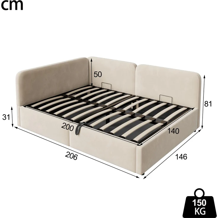 LVHOM Polsterbett 140x200 mit Stauraum, Samt Tagesbett mit Hydraulik, 2-in-1 Schlafsofa Bettgestell mit Lattenrost, Einzelbett, Beige – Bild 6