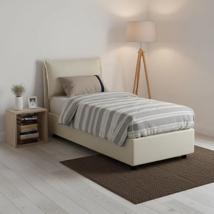 Talamo Italia - Roberta Einzelbett, Bettkasten mit Stoffbezug, 100 % Made in Italy, seitliche Öffnung, inklusive Matratze 80x190 cm, Beige