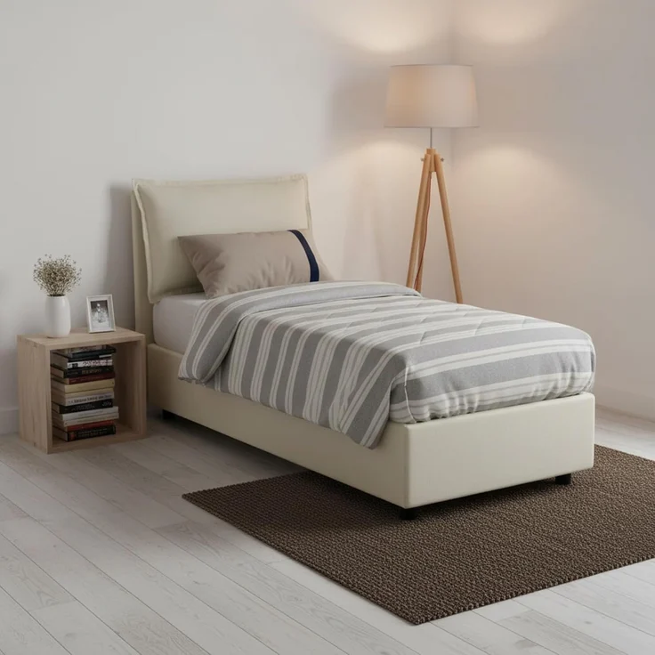 Talamo Italia - Roberta Einzelbett, Bettkasten mit Stoffbezug, 100 % Made in Italy, seitliche Öffnung, inklusive Matratze 80x190 cm, Beige – Bild 1