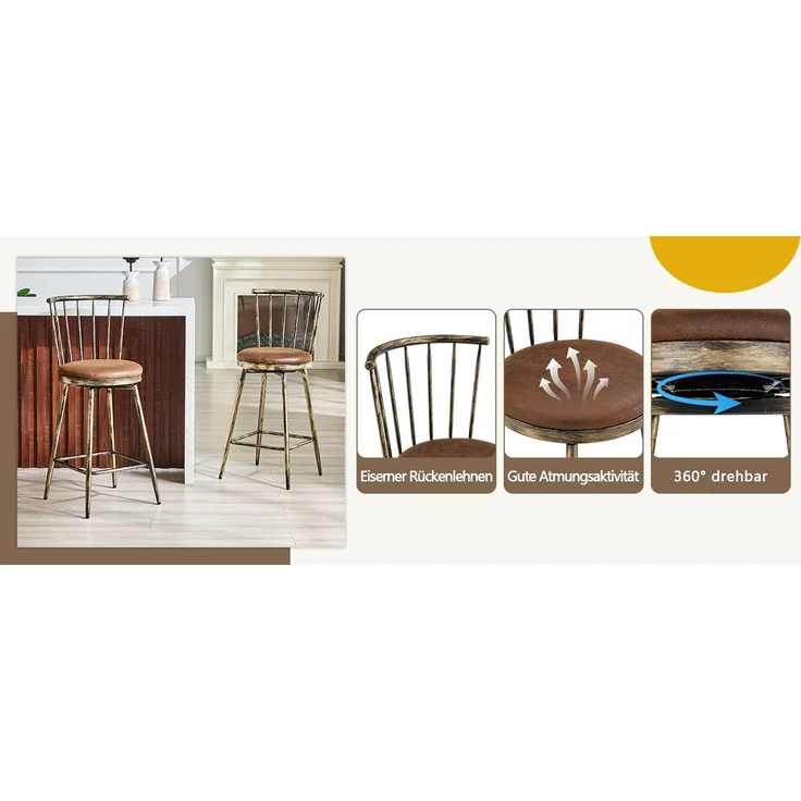 Moderner Metall-Barhocker im Windsor-Stil mit gepolstertem Sitz für Kücheninseln, Bars, Restaurants; Barhocker im Industrial-Stil in Barhöhe; Vintage- und Minimalismus-Stil--Braun--96x39x39cm--YOUDENOVA – Bild 10