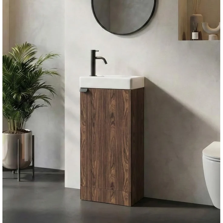 Badplaats Gäste-WC Waschtisch Set Orion 40 x 22 cm Walnuss Braun - Badmöbel Set mit Waschbecken und Stehende Unterschrank, mit Soft-Close – Bild 2