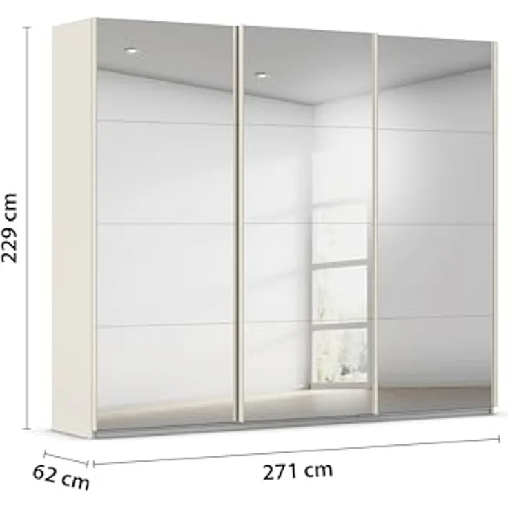 Rauch Möbel Kulmbach, Kleiderschrank mit Schwebetüren für Schlafzimmer, Kinderzimmer, Jugendzimmer, Garderobe, Flur, 3-türig, mit Spiegel, Zubehör Basic, Farbe Beige, Breite 271 cm – Bild 3