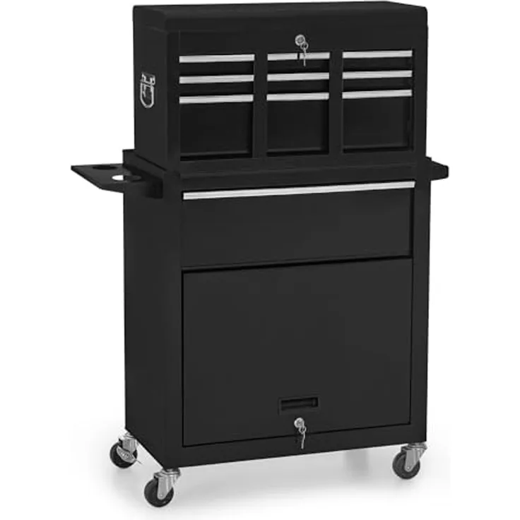 BarberPub 2 in 1 Friseurwagen mit 5 Schubladen, Schrank & 6 Haken, Bedienungswagen mit Rollen, Friseur Arbeitswagen Abschließbar, Beauty Salon Trolley Metall, 0097,Schwarz-Silber