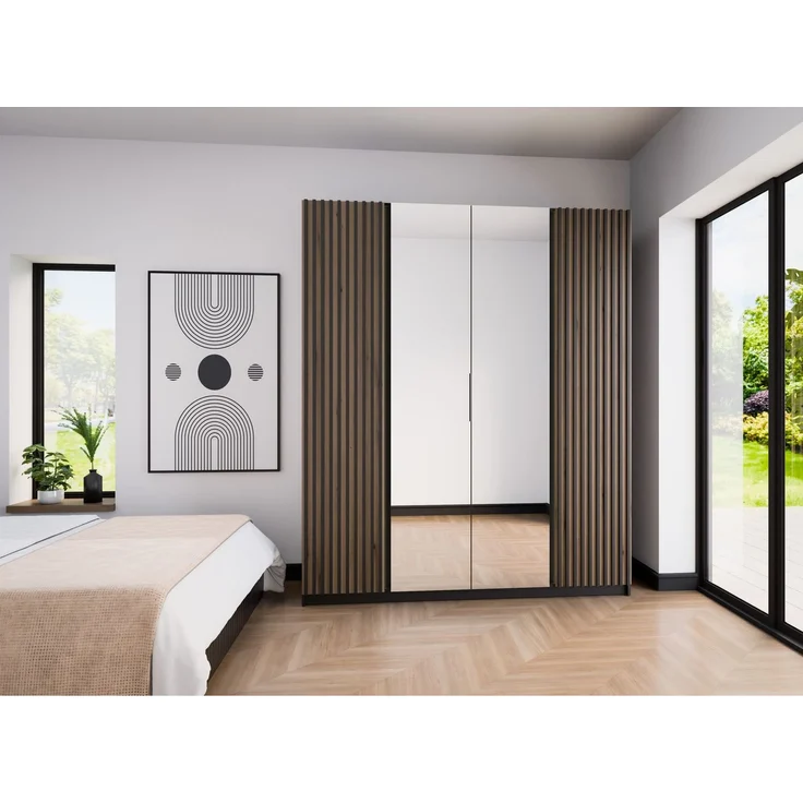 Selsey 'Kaja' Kleiderschrank 4-türig mit seitlichen Lamellen & Spiegel, Eiche Evoke, ca. 239 x 200 x 62 cm – Bild 2