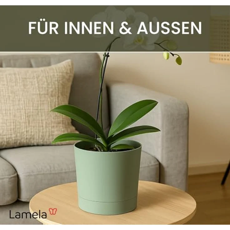 LAMELA Pflanzgefäß mit integriertem Untersetzer, Breite 22,5 cm – 7L – Grüner Blumentopf für Innen & Außen – Wetterfest & Pflegeleicht, Graugrün – Bild 5