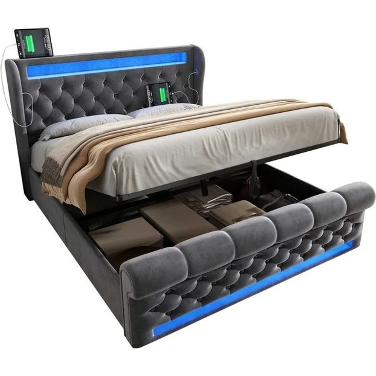 BlingBin Polsterbett Stauraumbett (1-tlg, Funktionsbett mit Lade- und Lichtfunktion für gemütliche Schlafzimmer), mit LED-Beleuchtung, USB- & Type-C-Ladestation und stilvollem Samt – Bild 4
