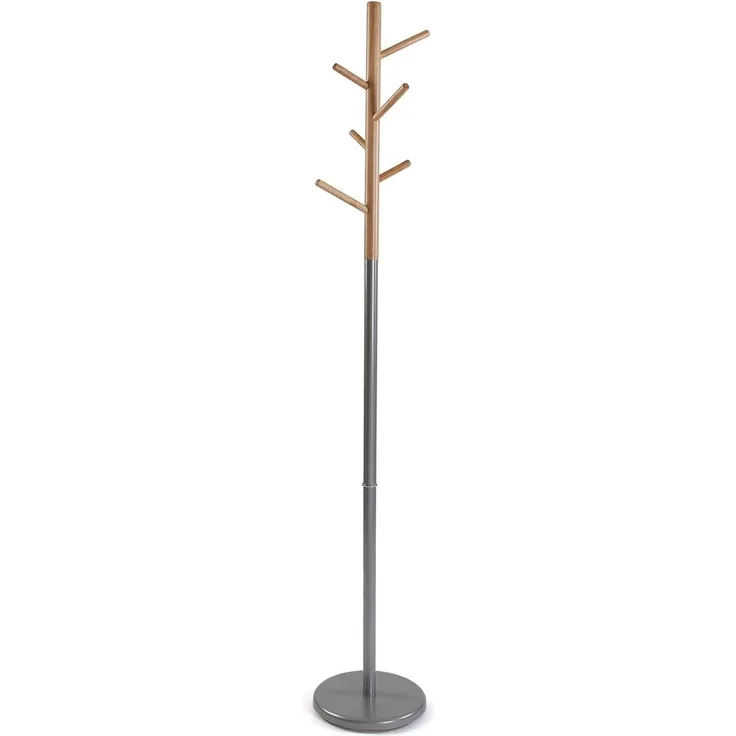 Versa Malmö Minimalistischer Garderobenständer für den Eingangsbereich, mit 6 Haken oder Kleiderbügeln für Kleidung, Maßnahmen (H x L x B) 171 x 28 x 28 cm, Metall und Holz, Farbe: Grau