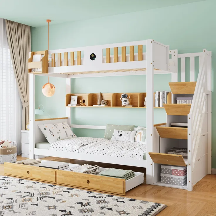 Merax Etagenbett 90x200cm mit Treppe, Reichlich Stauraum, Kinderbett mit 4 Schließfächer in der Treppe, mit Fallschutzgitter und 2 Schubladen, Offenes Regal, Weiß+Natur