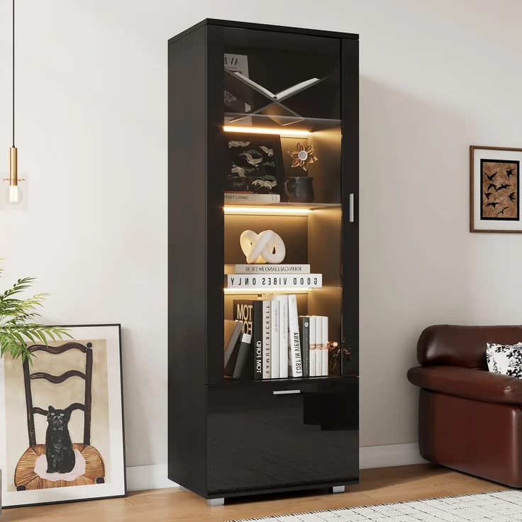 Schwarze Hochglanzvitrinen mit Acryltür, LED-beleuchtete Acryl-Vitrine, Vitrinen für Sammlerstücke, Parfümschränke, Bücherregale und Acryl-Vitrine mit schwarzen Hochglanztüren (3 Fachböden)--Schwarz--40x50x160cm--YOUDENOVA – Bild 3