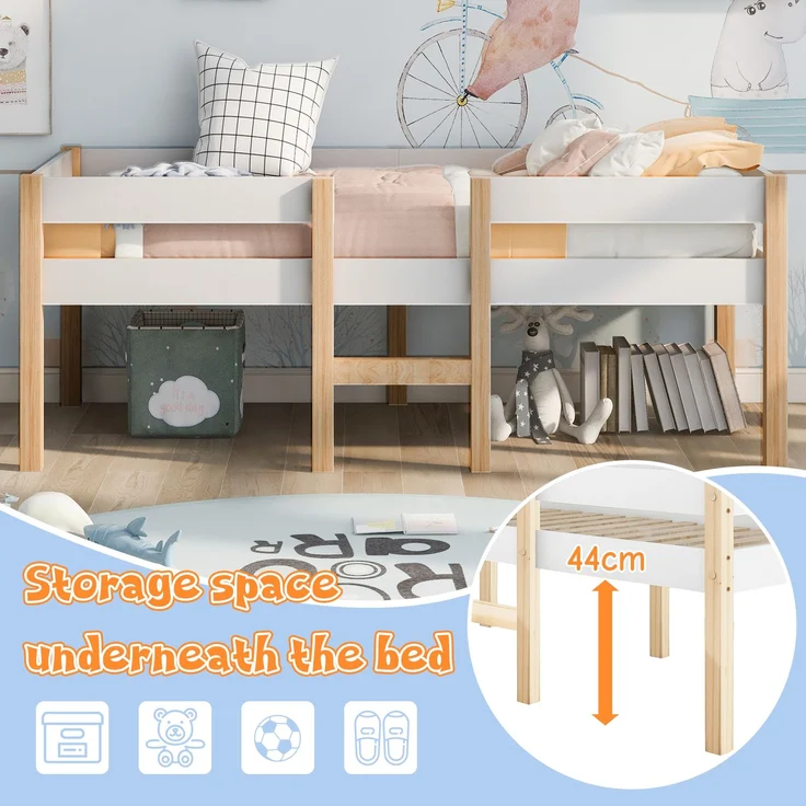 Halbhohes Kinderbett aus Kiefer 90x190 cm mit Rausfallschutz, Leiter & Stauraum, skandinavisches Hochbett – Bild 6