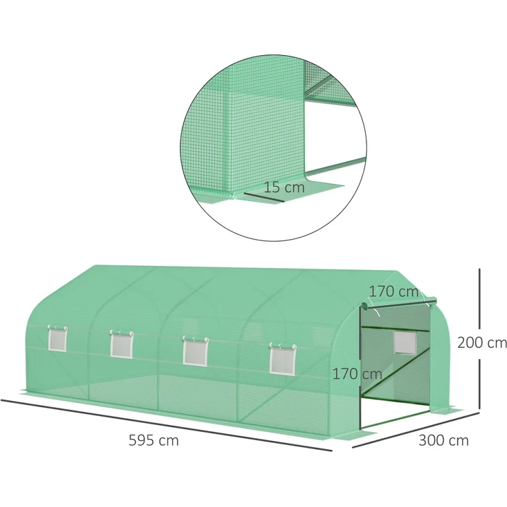 MELAYR, Gewächshaus ca. 6 x 3 x 2 m Foliengewächshaus mit Rollbar Reißverschlusstür 8 Netzfenster Stützstangen, Grün – Bild 5