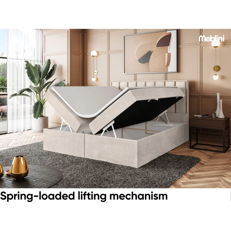 MEBLINI Boxspringbett NOAH 200x220cm - H3/Beige Samt - mit Bettkasten - Gepolstert Doppelbett mit Matratze und Topper - Polsterbett mit Stauraum - Bett mit Kopfteil - Stauraumbett – Bild 4