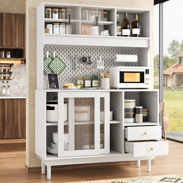 Küchenbuffet 117x30x170 cm mit Riffelglas-Schiebetüren, Schubladen und offenen Fächern – Bild 4