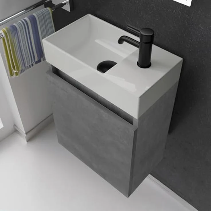 Alpenberger Badmöbel-Set Gäste WC Waschbecken mit Unterschrank - Badschrank Hängend, (Waschbeckenunterschrank mit Softclose, 2-tlg. Waschtisch Set Cement), Waschplätze für Kleine Bäder - Badschrank Hängend + Vormontiert – Bild 4