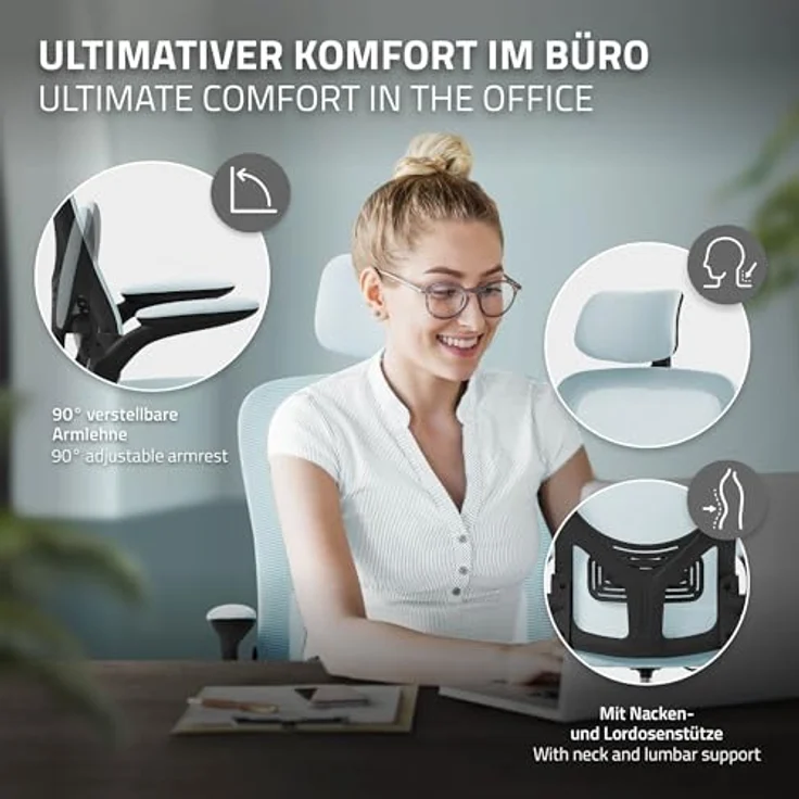 ML-DESIGN Bürostuhl Schreibtischstuhl ergonomisch mit verstellbarer Kopfstütze, Armlehnen, Drehstuhl mit Rollen Blau Computerstuhl Chefsessel Gaming-Stuhl – Bild 6