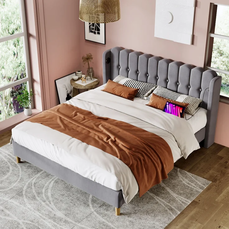 Einzelbett 160x200 cm Grau Leinen mit USB & Type-C Ladeanschluss,gepolstertes Kopfteil,Design-Paneel,stabiler Rahmen,inklusive Matratze – Bild 3