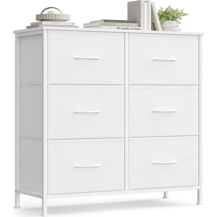 SONGMICS Kommode, Schrank, 6 Stoffschubladen, Aufbewahrungsschrank, Stahl, MDF, Vliesstoff, für Schlafzimmer, Flur, Wohnzimmer, wolkenweiß-schneeweiß LGS123WH01