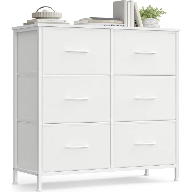 SONGMICS Kommode, Schrank, 6 Stoffschubladen, Aufbewahrungsschrank, Stahl, MDF, Vliesstoff, für Schlafzimmer, Flur, Wohnzimmer, wolkenweiß-schneeweiß LGS123WH01