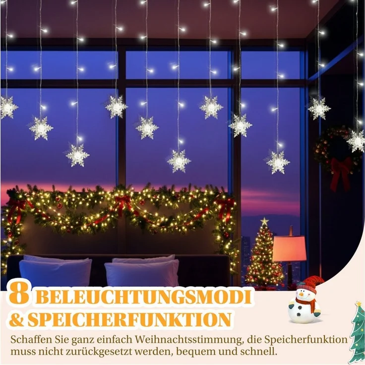 SERBASIC Lichtervorhang LED Schneeflocke Lichterkette, mit 8 Modi und Speicherfunktion, Timer, für Außen Weihnachten, Hochzeit, Balkon, Große Schneeflocke – Bild 2