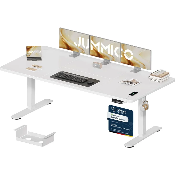 JUMMICO Schreibtisch elektrisch höhenverstellbar mit Kabelwanne & USB-Buchse, Weiß, 180x80 cm