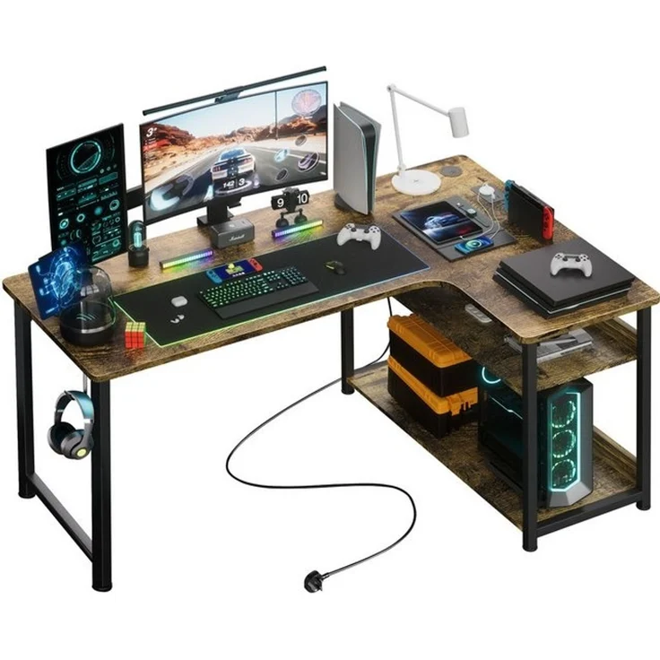 GTPLAYER Schreibtisch Gaming Tisch Eckschreibtisch mit Regal USB-Ladeanschluss und Steckdose (1 Tisch), 120/100cm Computertisch L Form, PC Tisch für Büro, Heimbüro – Bild 4