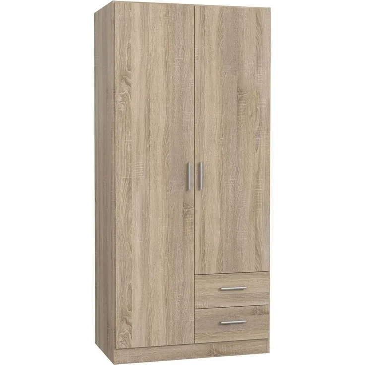 FORTE JOAKIM Schrank 90 200, Kleiderschrank klein, modernes Design Drehtürenschrank mit 2 Schubladen, Einlegeböden und Kleiderstange, Sonoma Eiche, 91 cm breit x 197 cm hoch x 54 cm tief