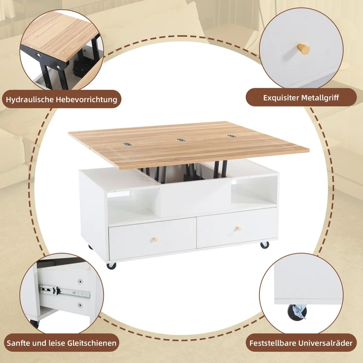 Höhenverstellbarer Couchtisch aus MDF mit 4 Schubladen, Klappfunktion & Rollen, 100x50x47,5-62 cm, Naturholz/Weiß – Bild 5