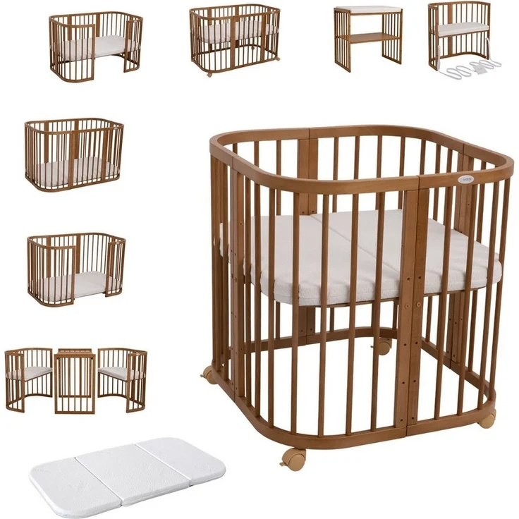 Waldin Babybett aus Holz 7in1 mit Matratze, Mitwachsendes Kinder-Bett, Belüftet, Boden 5-Fach Verstellbar, All-Inclusive-Set, Holz Vintage – Bild 5