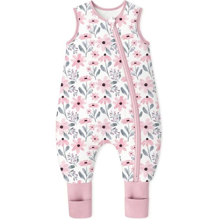 Yoofoss Schlafsack Baby mit Füßen Socken 1.5 Tog Herbst Winter Baby Schlafsack mit Beinen Baumwolle Warm Babyschlafsack für 6-18 Monate Kinder Jungen Mädchen 70 cm- Rosa Blumen