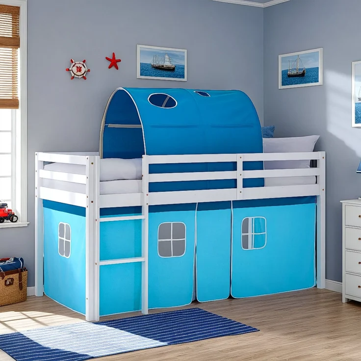 Hochbett Kinder 90x200 cm Kinderbett Kinderhochbett Stockbett Tunnel Vorhang Blau Holz Massiv – Bild 2