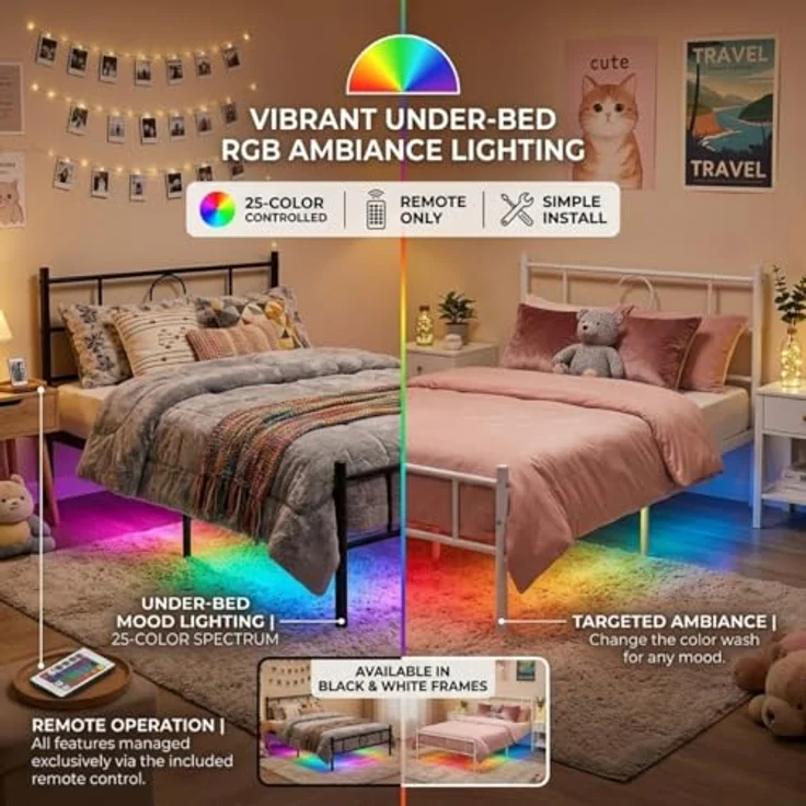 FurnitureR Metall Einzelbett 90×200 cm mit LED Streifen, 20 Farben Unterbett Beleuchtung, stabiles Plattformbett mit Lattenrost, ideal für Schlafzimmer, Jugendzimmer, bis 150 kg belastbar, Schwarz C – Bild 4