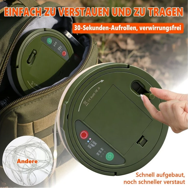 OZAVO LED-Lichterkette Camping Lichterkette Aufrollbar 3 in 1 LED-Lichterkette, 100-flammig, 3 Beleuchtungsmodi für Camping, Zelt,Hof und Häuser (10M) – Bild 4