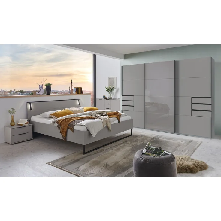 Schlafzimmer-Set >Tilburg< (4tlg.) Bett 188x92x210cm, Schrank, Nachtkommoden, Saharagrau / Grafit