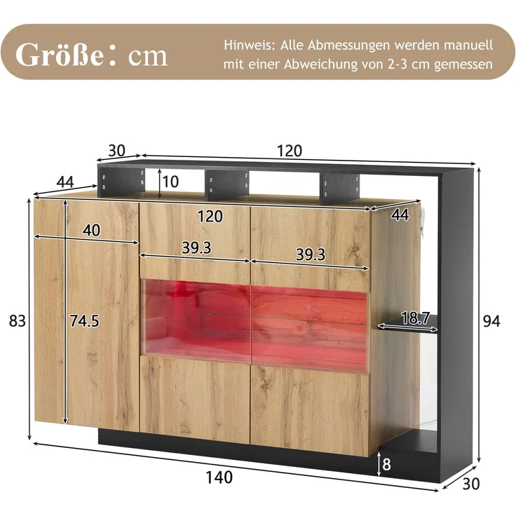 DESVIAE Sideboard mit LED-Beleuchtung 140x94x44 cm aus MDF und Acryl, Holzfarbe mit schwarzem Rahmen – Bild 10