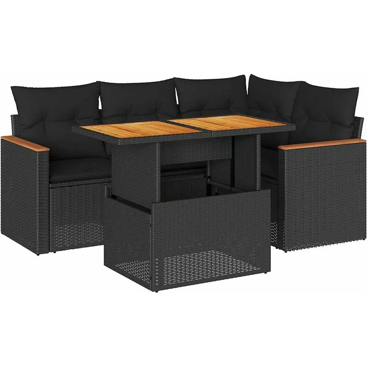 vidaXL 5tlg. Garten-Sofagarnitur mit Kissen Schwarz Poly Rattan Akazie 3327478