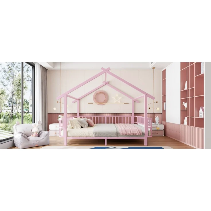 ZUBALIYA Kinderbett 140 × 200 cm, Metall, Schutzgitter, Rosa – Bild 16