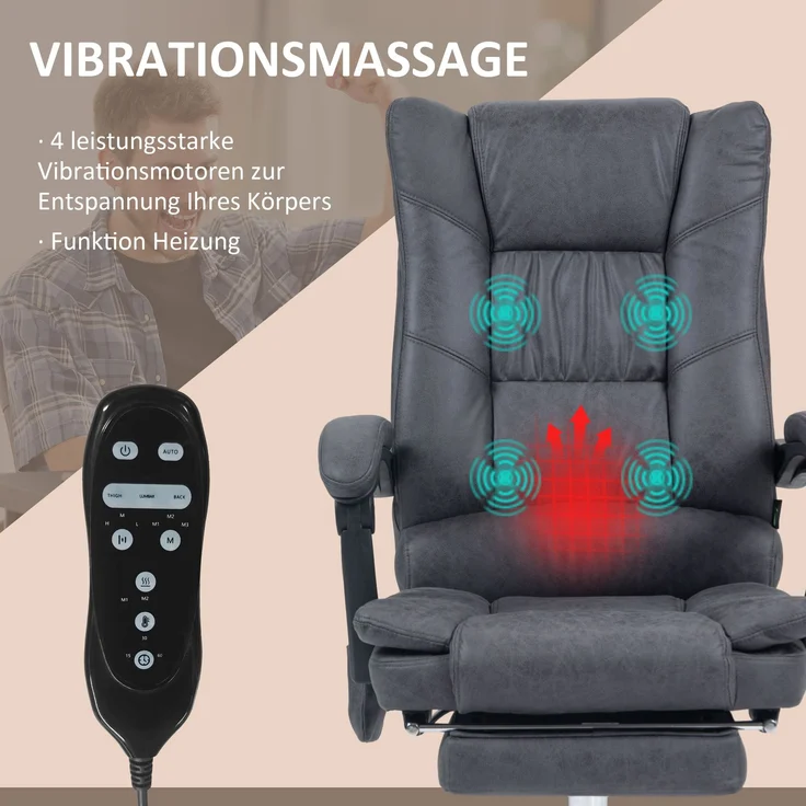 MELAYR, Massagstuhl Bürostuhl mit Massagefunktion, inkl. Fußstütze, höhenverstellbar, 64 cm x 70 cm x 118 cm, Dunkelgrau – Bild 6